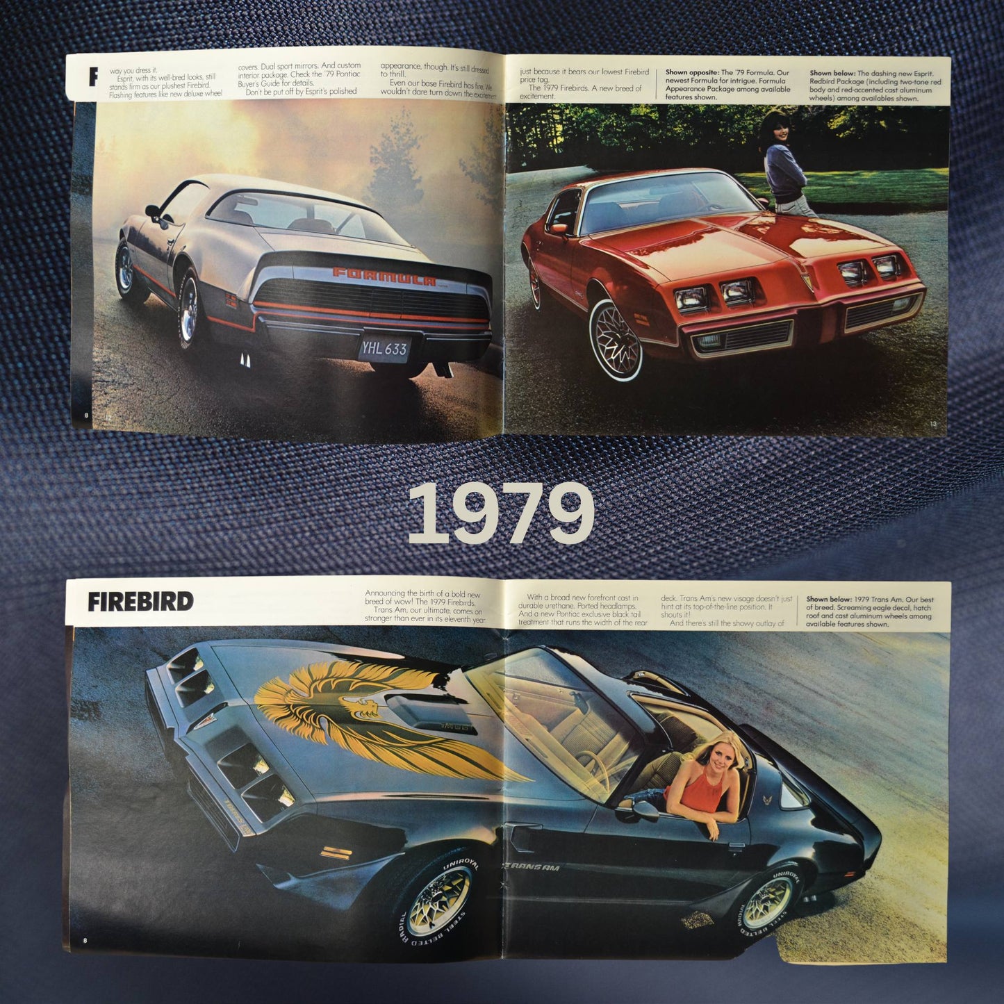 Interior pages of the 1979 Pontiac dealer brochure showcasing Firebird Formula, Firebird Trans Am, and other Pontiac models