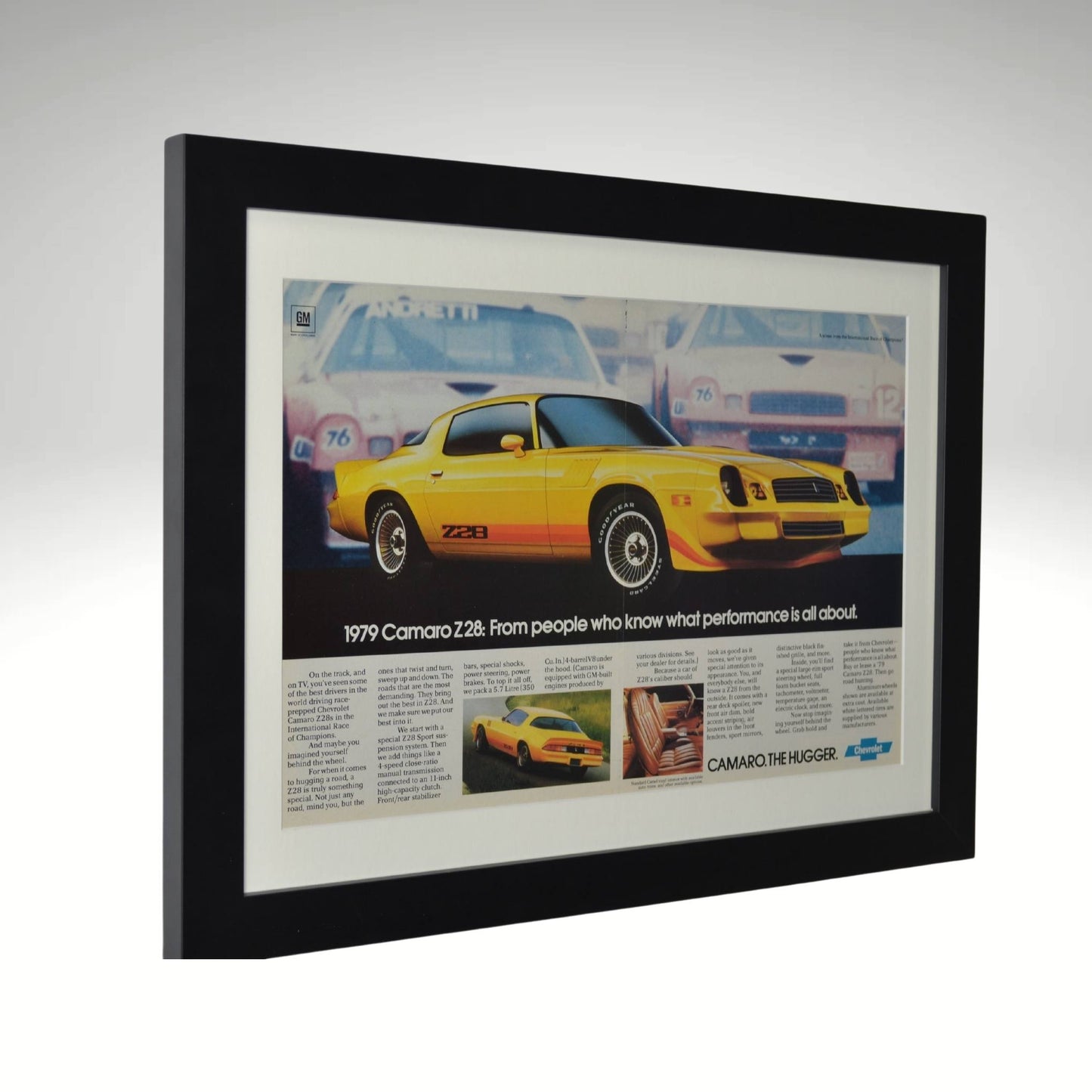 side view of Yellow 1979 Chevy Camaro Z28 framed vintage print ad featuring classic second-gen muscle car styling, bold graphics, and high-performance Chevy heritage.