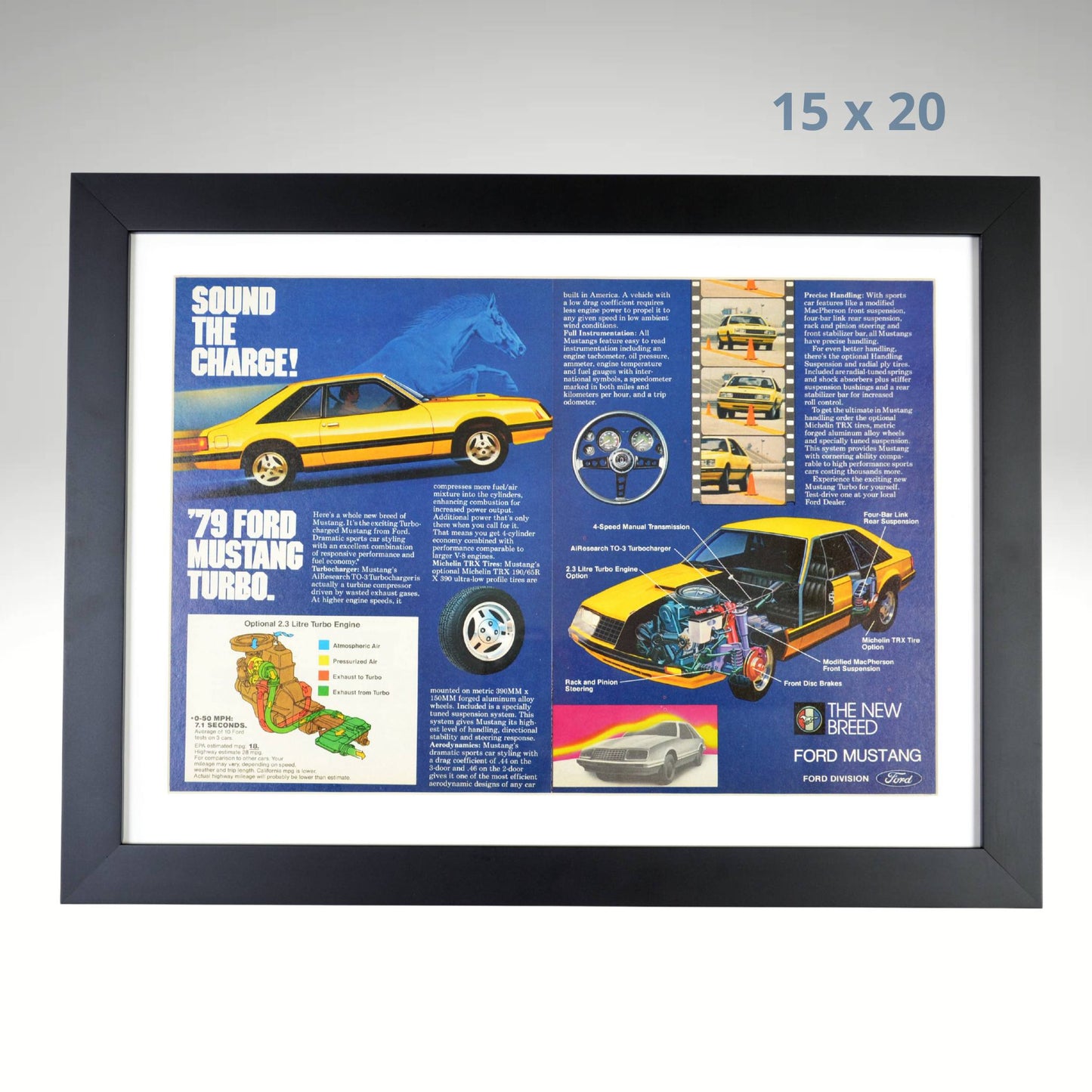 Framed 1979 Ford Mustang Turbo Original Vintage Magazine Ad, Automotive Wall Art & Mustang Memorabilia, 15 x 20 Print with Matte Black Frame