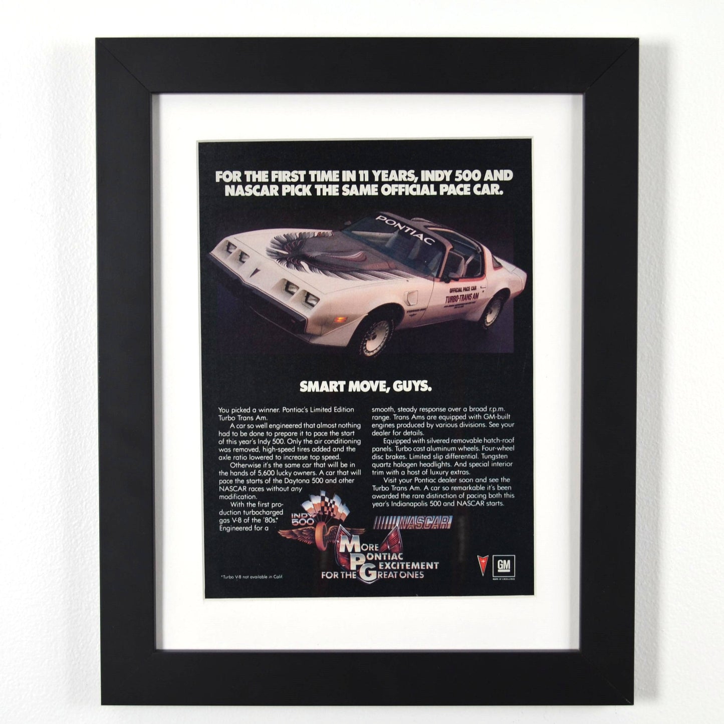 Framed 1980 Pontiac Trans Am Indy 500 pace car vintage print ad – classic Pontiac wall art, racing memorabilia