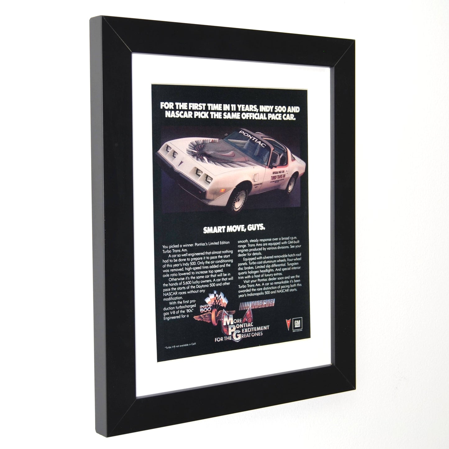 side view of framed 1980 Pontiac Trans Am Indy 500 pace car vintage print ad – classic Pontiac wall art, racing memorabilia