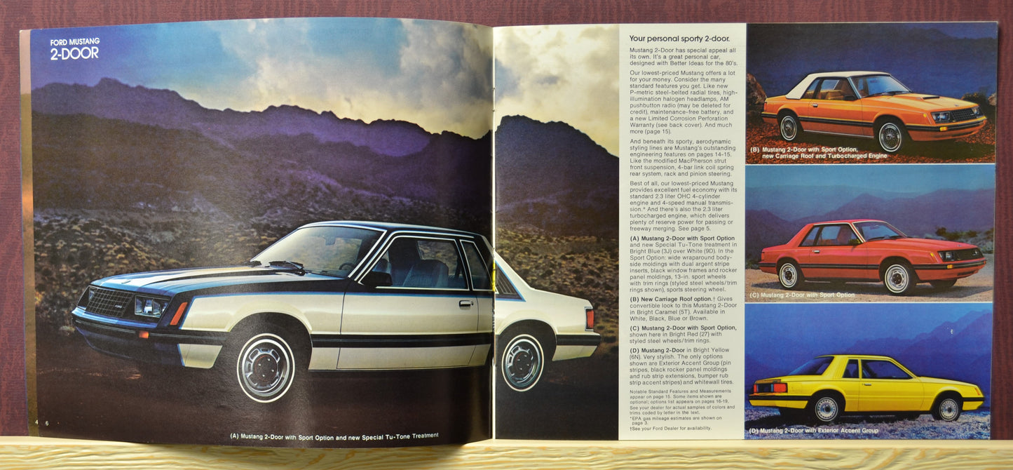 Interior pages of the 1980 Ford Mustang dealer brochure, showing the 2 door models with unique styling options