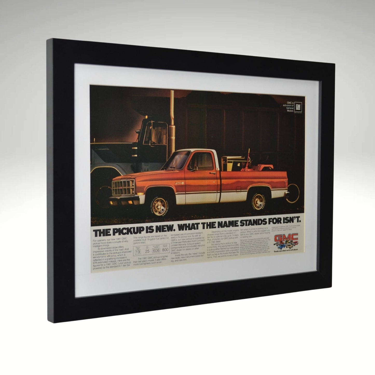 Side view of framed 1981 GMC Truck Framed Print | Squarebody Pickup & The General