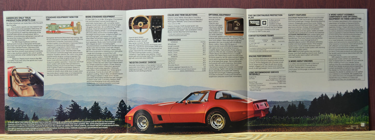 Interior pages of the 1981 Chevrolet Corvette brochure showcasing key features, technical specifications, and a side profile of the red Corvette against a scenic backdrop