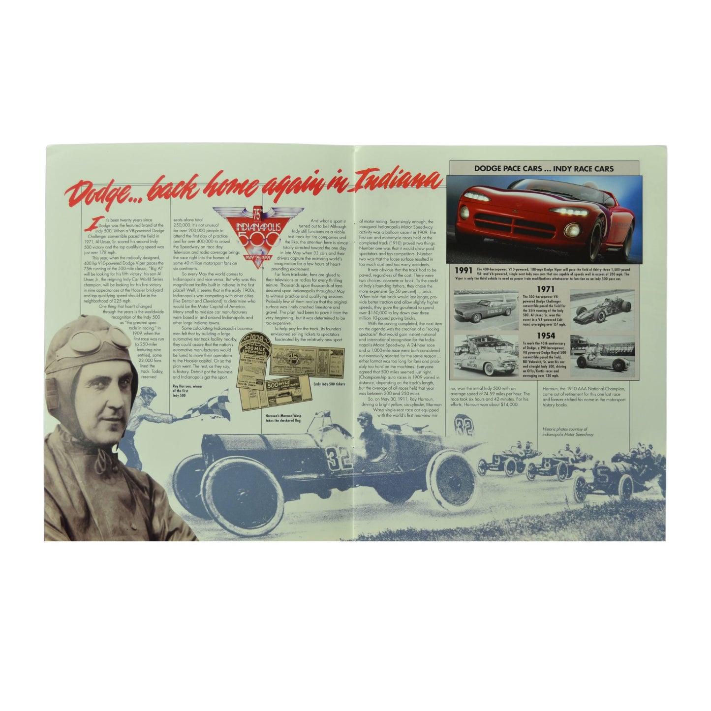Detailed history of Dodge’s involvement in the Indy 500, featuring the Viper Pace Car and past race cars.1