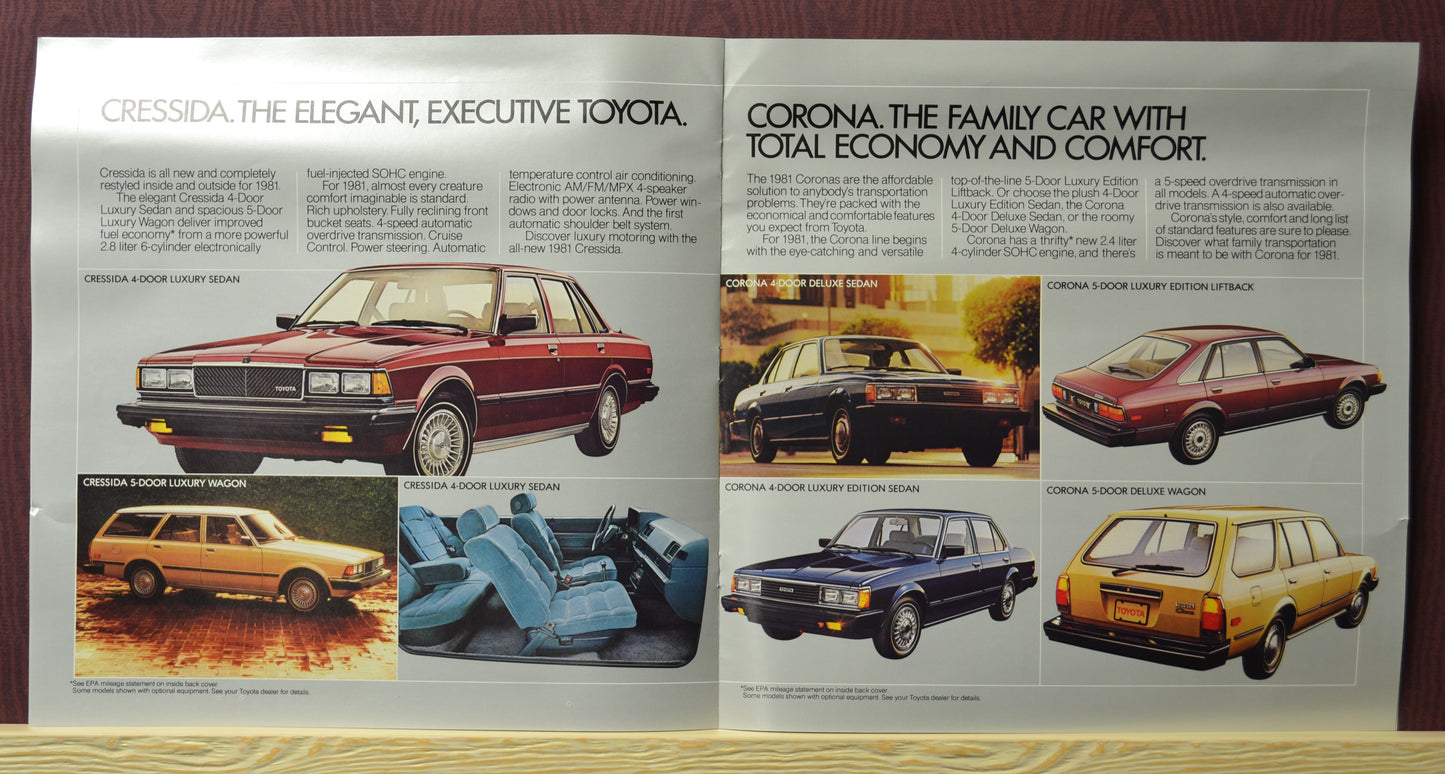 Interior spread showcasing the 1981 Toyota Cressida and Corona models, Features detailed descriptions of their elegence and comfort, paired with a narrative on Toyota's quality story and manufacturing excellence