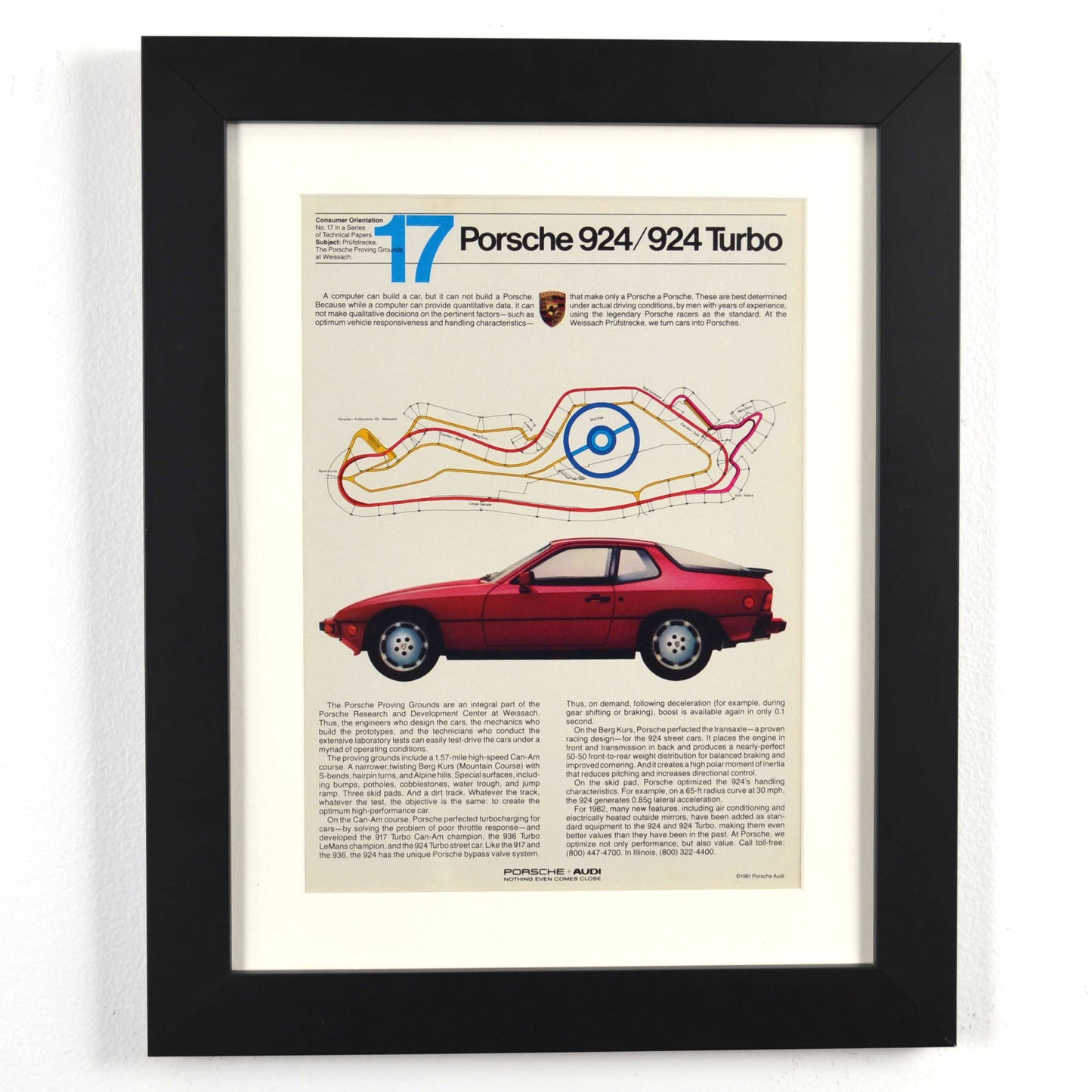 Framed 12x15 Porsche 924 Turbo vintage ad with red side profile and Weissach test track overlay