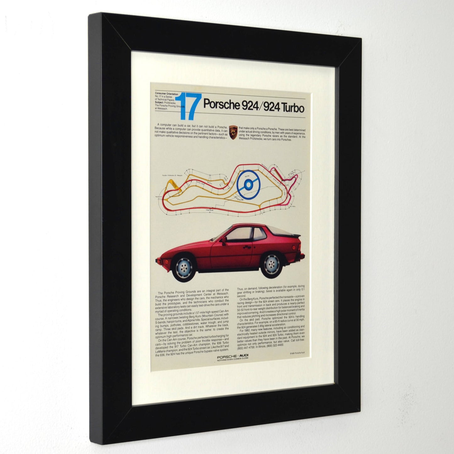 Framed 12x15 Porsche 924 Turbo vintage ad with red side profile and Weissach test track overlay side view