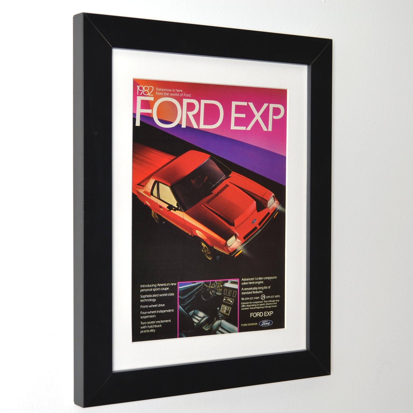 Framed side view of 1982 Ford EXP vintage print ad – classic car wall art, retro automotive decor