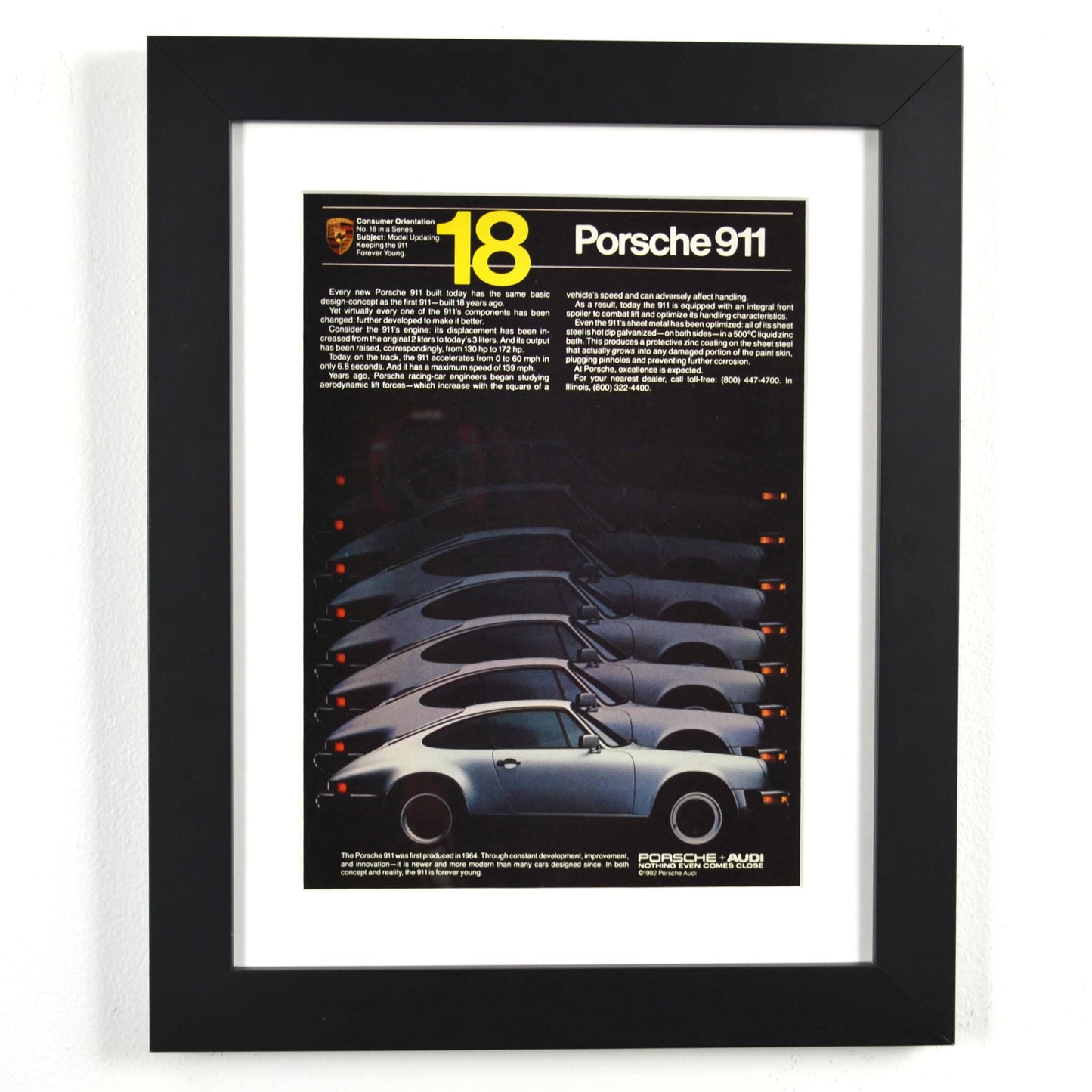 Framed 1982 Porsche 911 side profile print ad – vintage Porsche wall art with new frame, mat, and glass