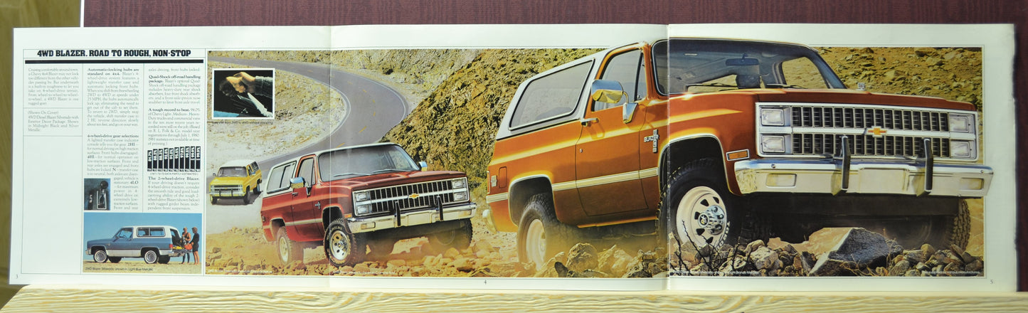 Interior pages of the 1982 Chevy Blazer dealer brochure highlighting specifications, 4WD features, and the iconic squarebody design