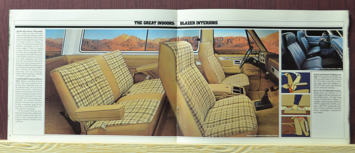 Interior pages of the 1982 Chevy Blazer dealer brochure highlighting specifications, 4WD features, and the Custom Deluxe Interior design