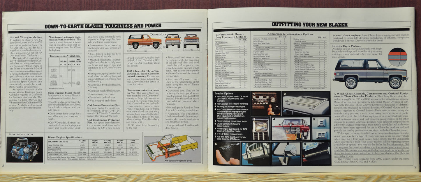 Interior pages of the 1982 Chevy Blazer dealer brochure highlighting specifications, 4WD features, and the powertrain options.
