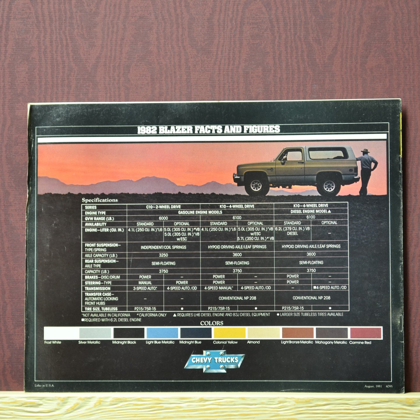 Back cover of the 1982 Chevy Blazer dealer sales brochure, showing additional details about Chevy’s classic squarebody Blazer.