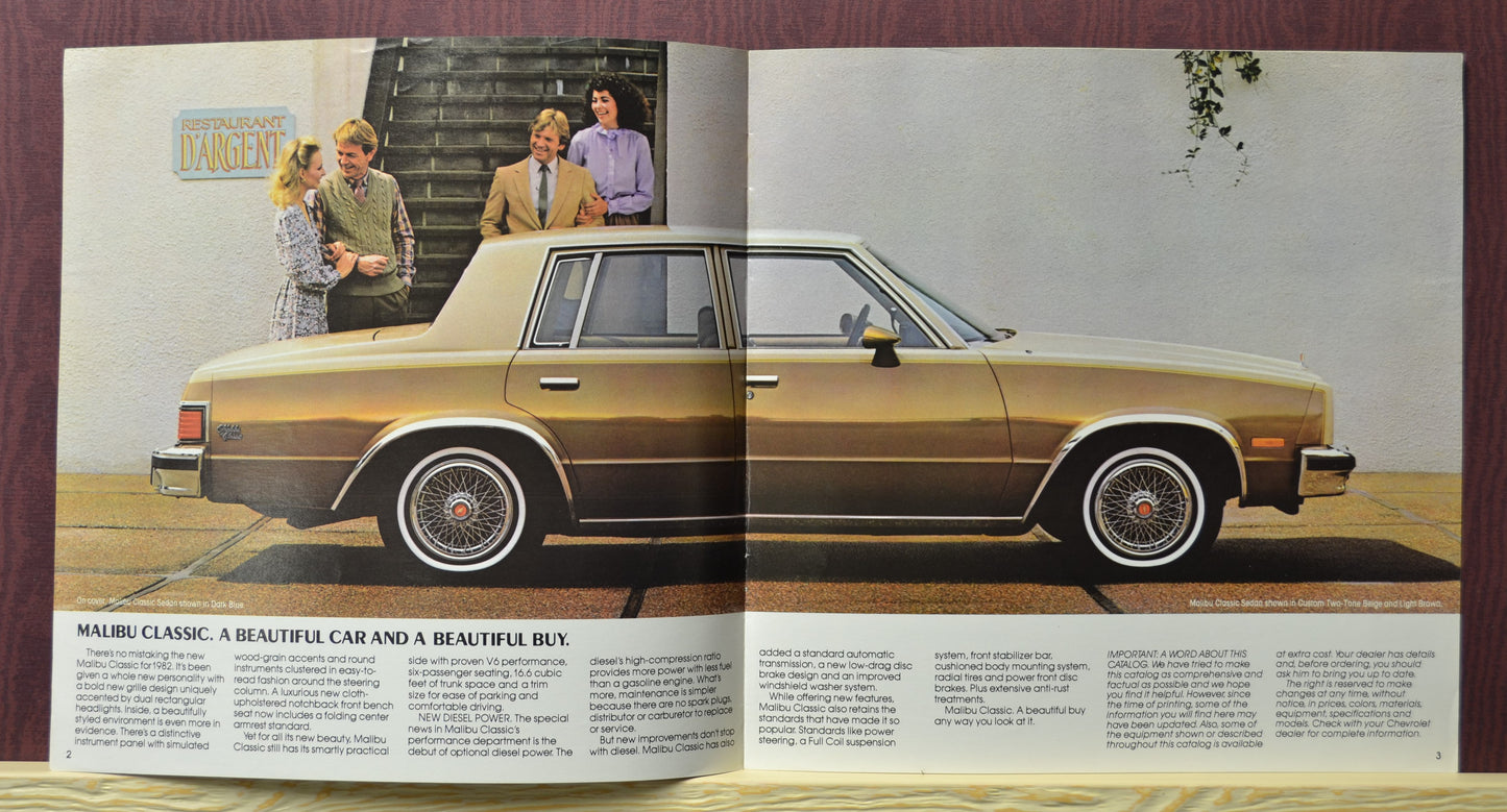 nterior pages of the 1982 Malibu Classic brochure – Showcasing the custom two tone beige and brown colors.