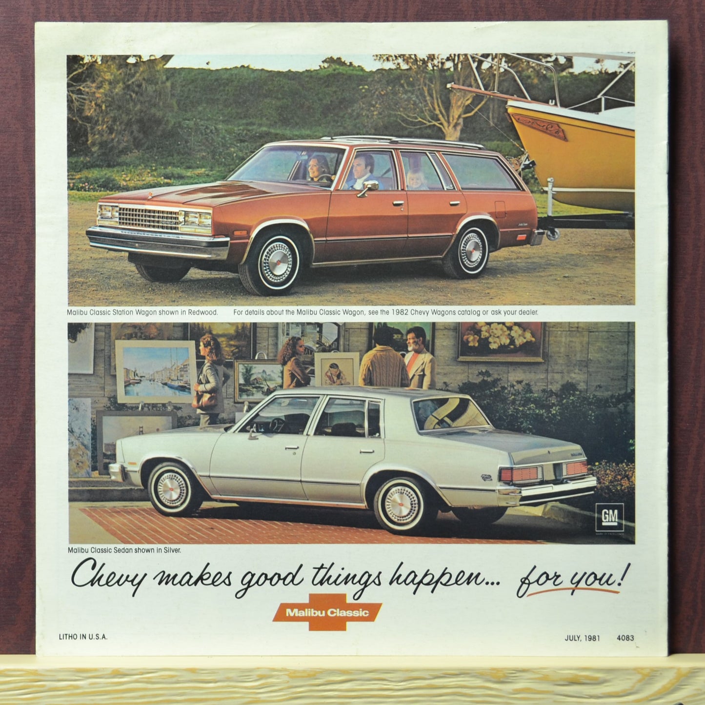 Rear cover of the 1982 Chevy Malibu Classic dealer brochure – Featuring a Malibu Classic wagon and sedan with the tagline,