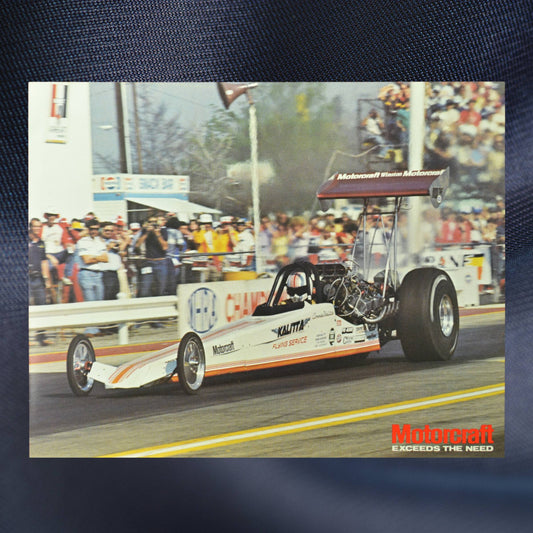 1983 Kalitta Bounty Hunter Dragster hero card showcasing the Motorcraft Top Fuel Dragster in action on the NHRA track, with a crowd in the background