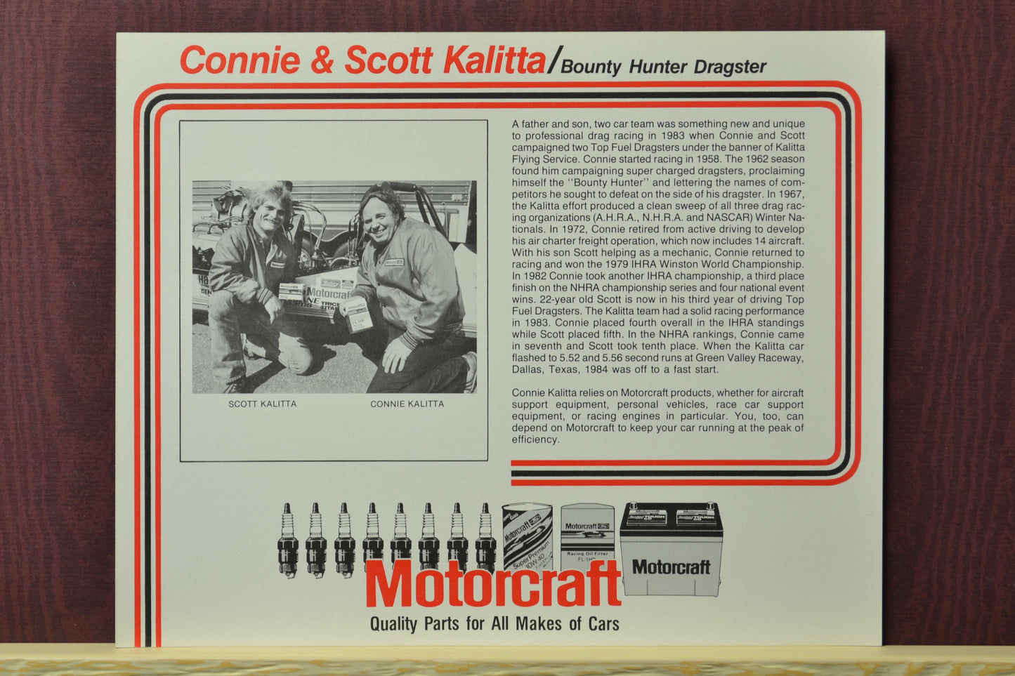 1983 Connie & Scott Kalitta Bounty Hunter Dragster hero card, featuring a black-and-white image of the Kalitta racing team with their Motorcraft-sponsored Top Fuel Dragster.