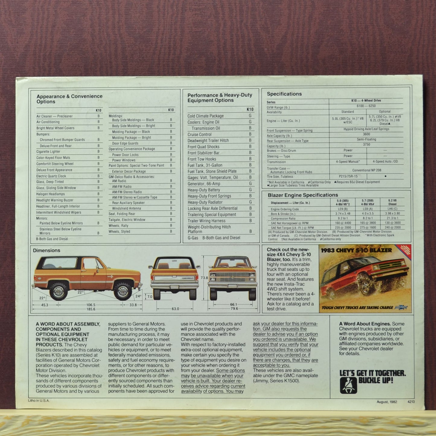Back cover of the 1983 Chevy Blazer squarebody dealer brochure with detailed dimensions and specifications.