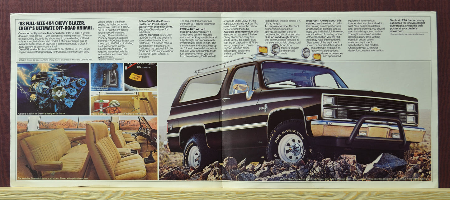 Interior pages of the 1983 Chevy Blazer squarebody dealer brochure highlighting features and specifications.