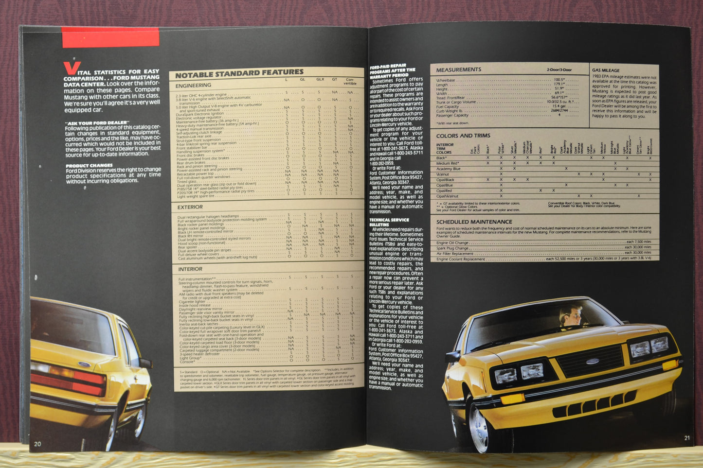 1983 Ford Mustang brochure interior pages showing the standard features