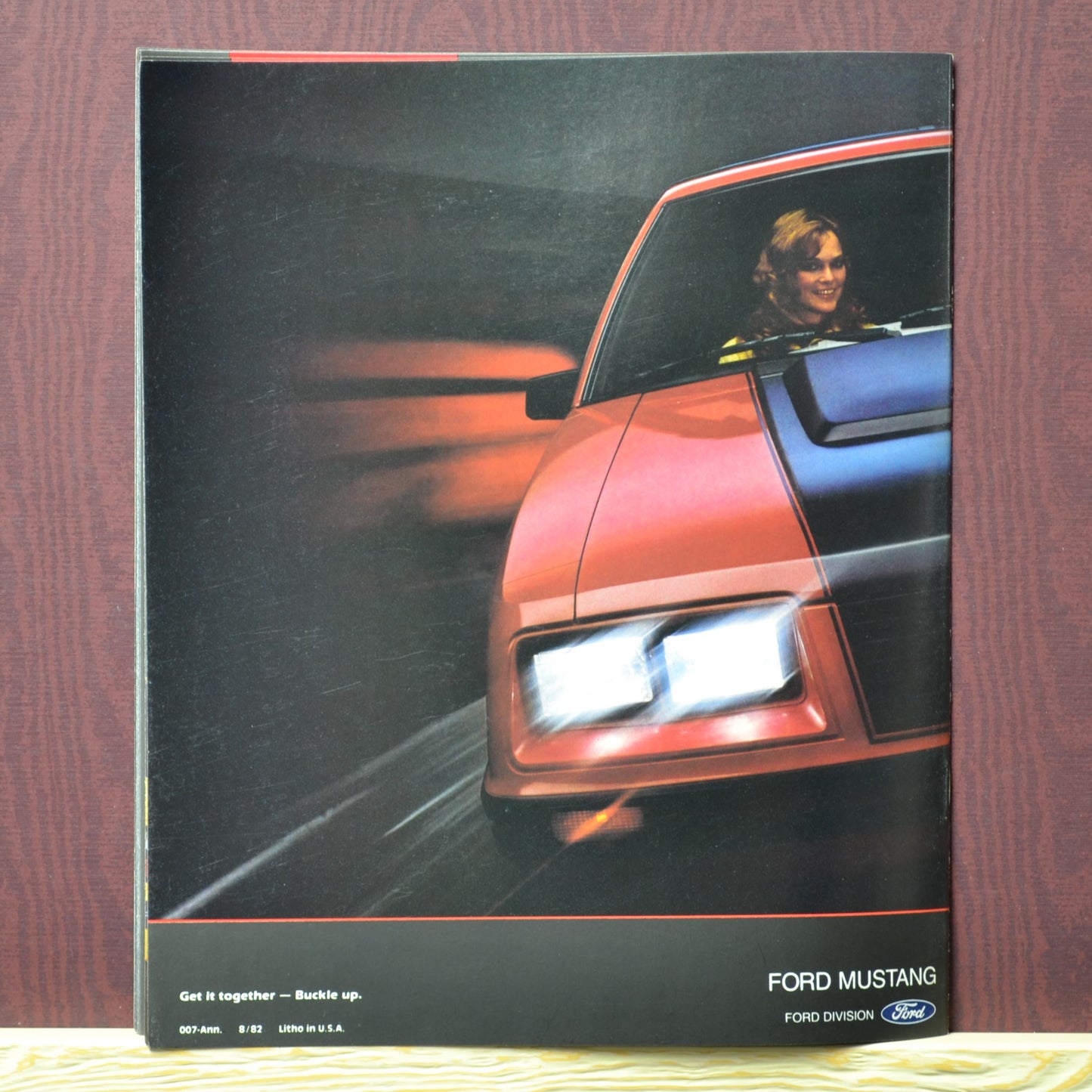 1983 Ford Mustang brochure back page showing the red Foxbody Mustang gt
