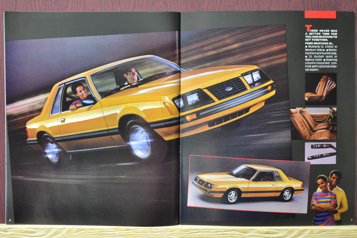 1983 Ford Mustang brochure interior pages showing the yellow Foxbody Mustang GL, interior details, and technical specifications.