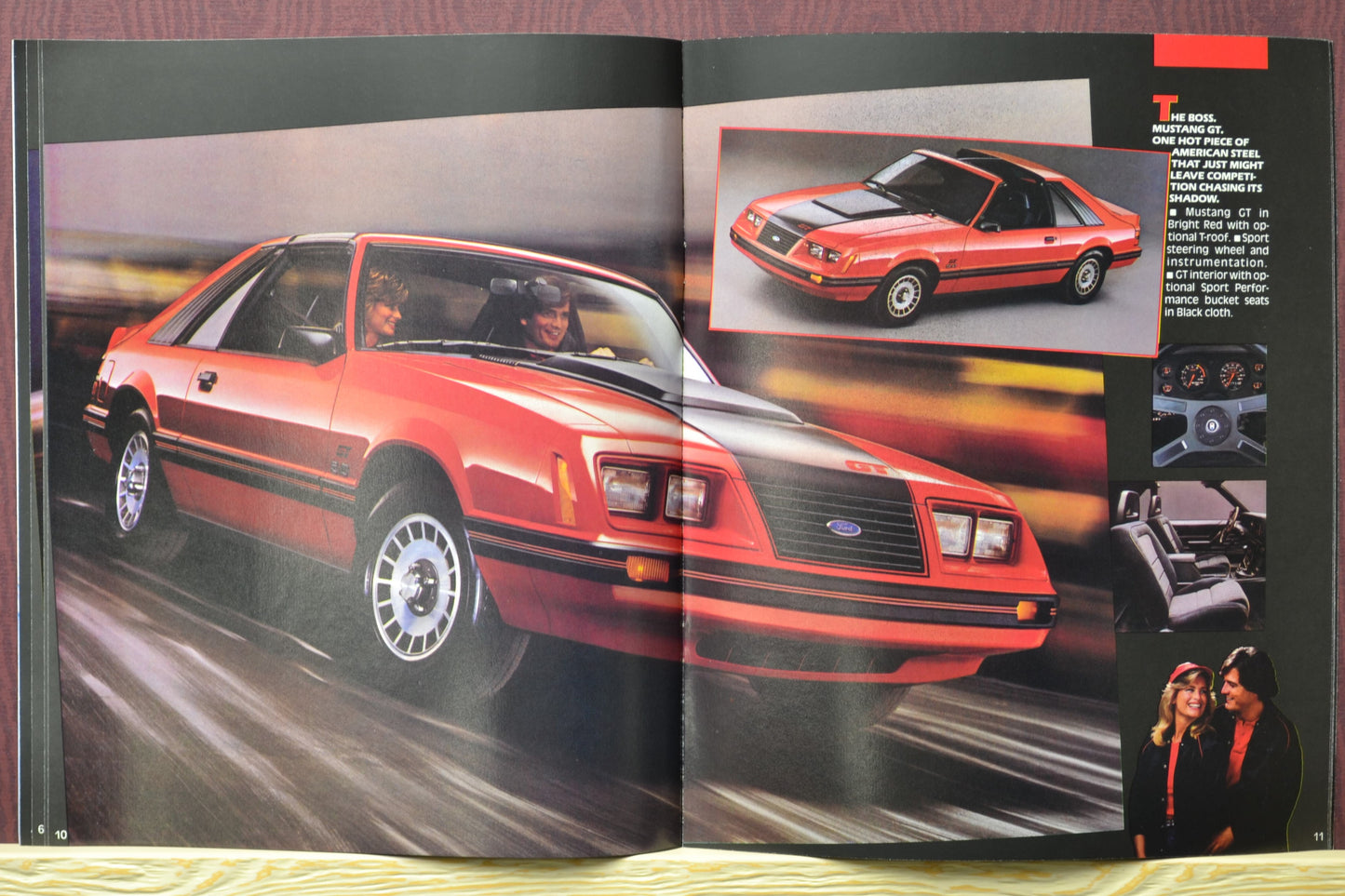 1983 Ford Mustang brochure interior pages showing the red Foxbody Mustang gt with T-tops
