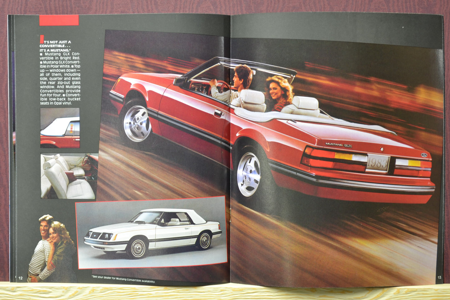 1983 Ford Mustang brochure interior pages showing the red Foxbody Mustang convertible