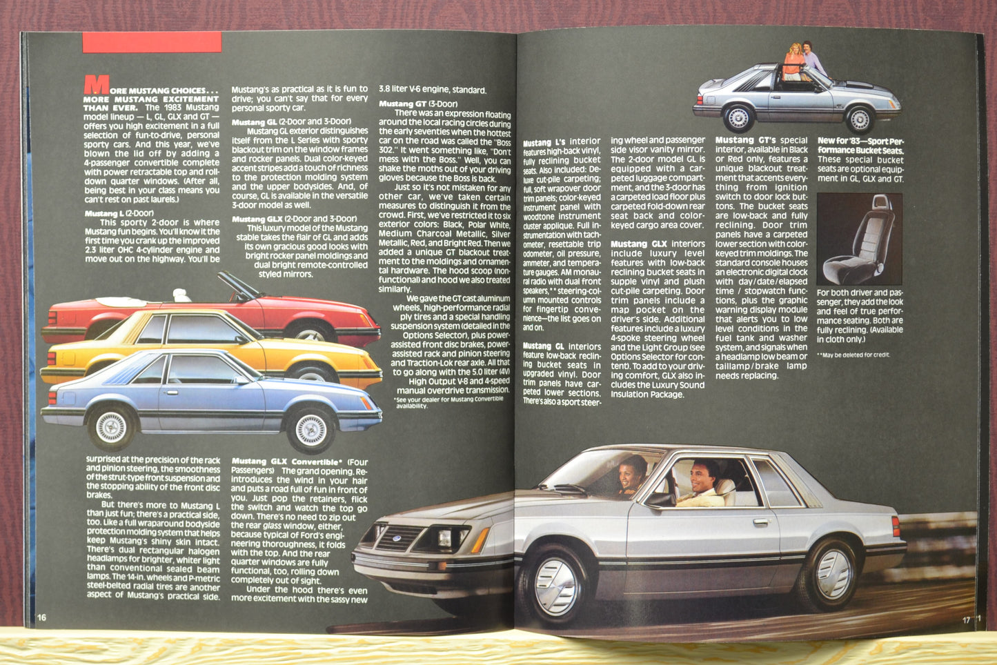 1983 Ford Mustang brochure interior pages showing the Foxbody mustang choices.