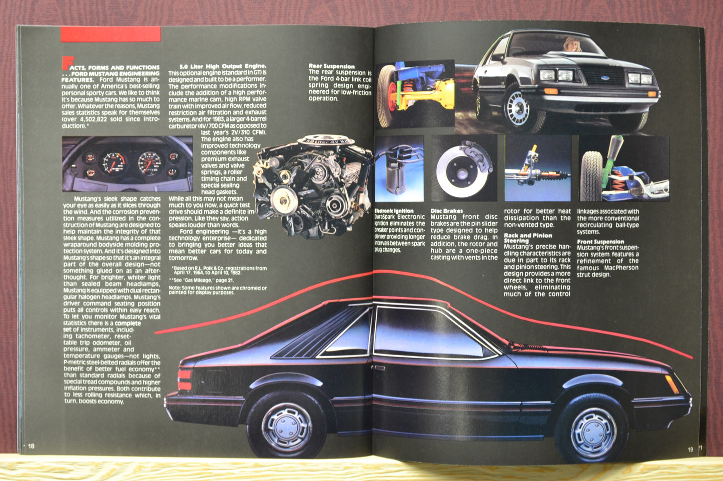 1983 Ford Mustang brochure interior pages showing the Foxbody mustang engineering