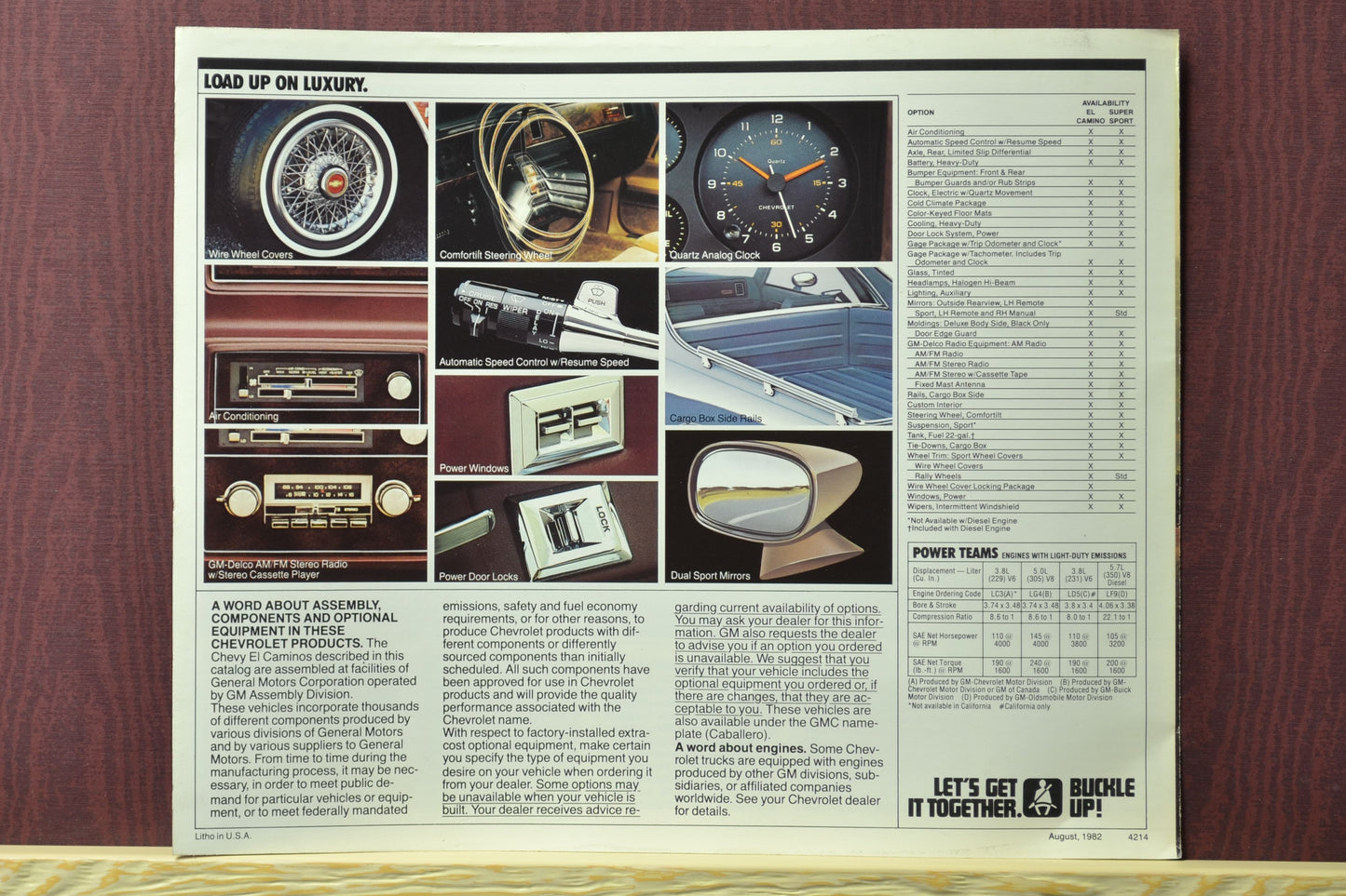 1983 Chevy elcamino brochure back cover Showcasing options like custom upholstery, steering enhancements, and a detailed specification
