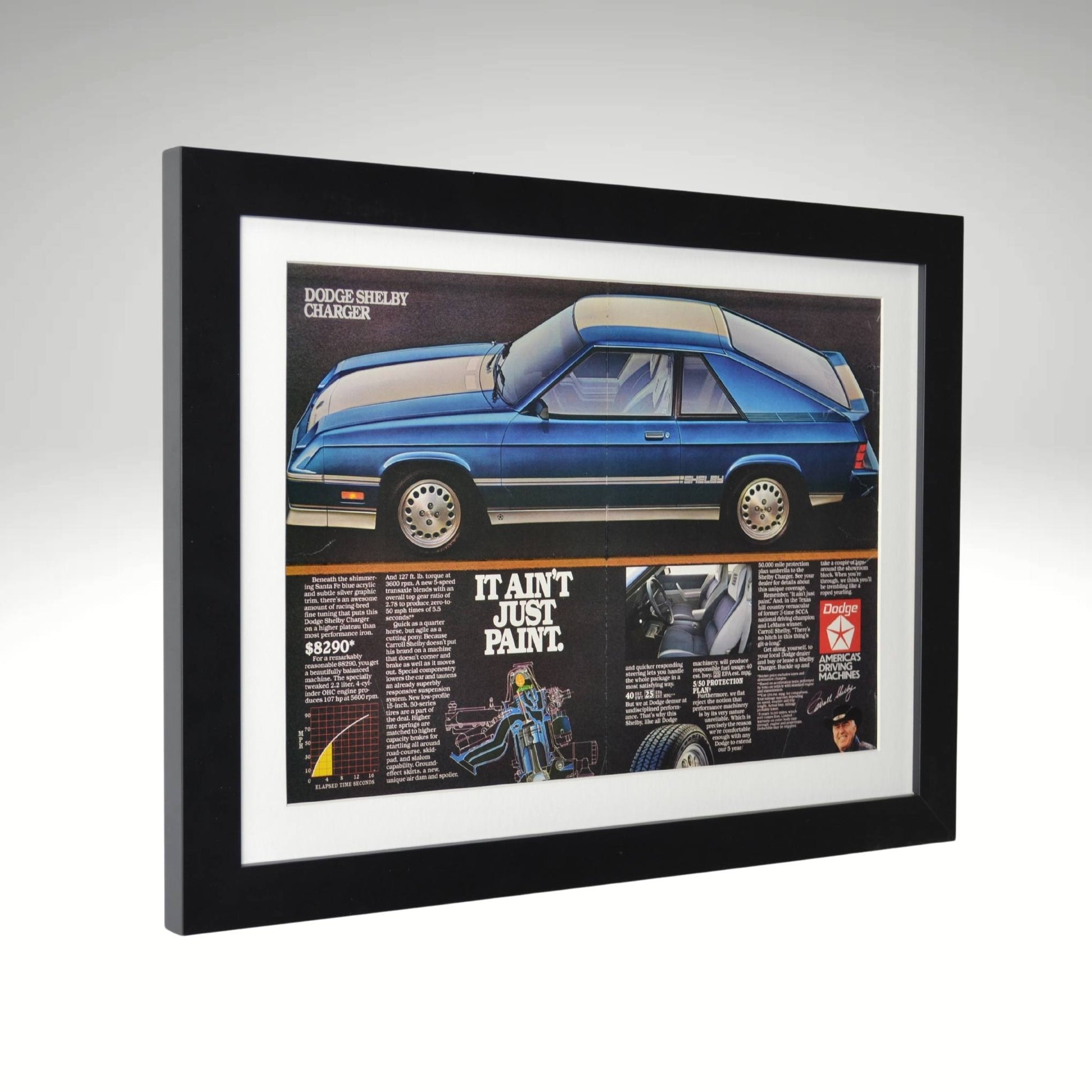 Side view of 1983 Dodge Shelby Charger framed print ad featuring the iconic Shelby collaboration, "It Ain't Just Paint" slogan, and details from the John Barnes Collection.