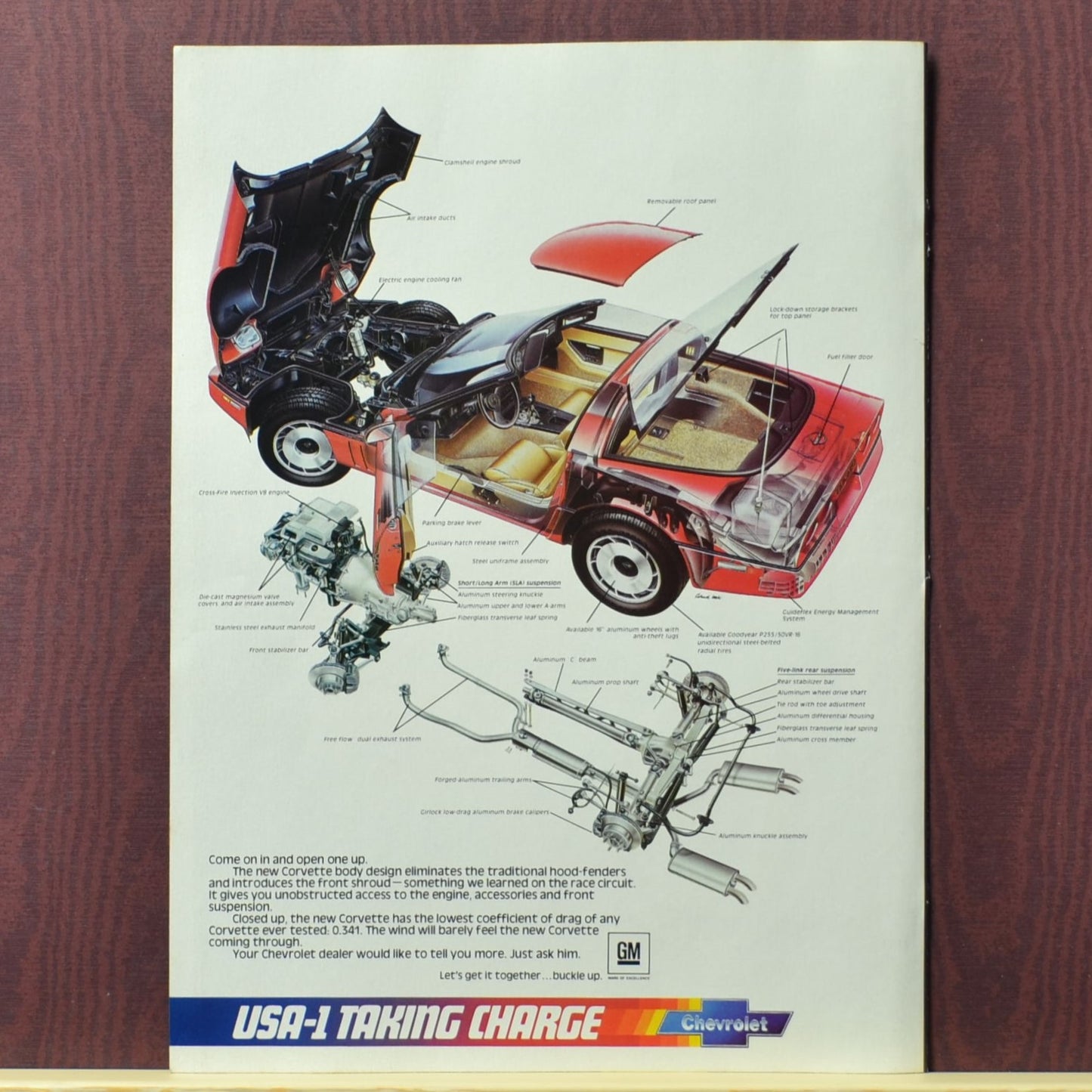 Back panel of 1984 Corvette ad insert – glowing front fascia with “We’re Taking Charge” tagline