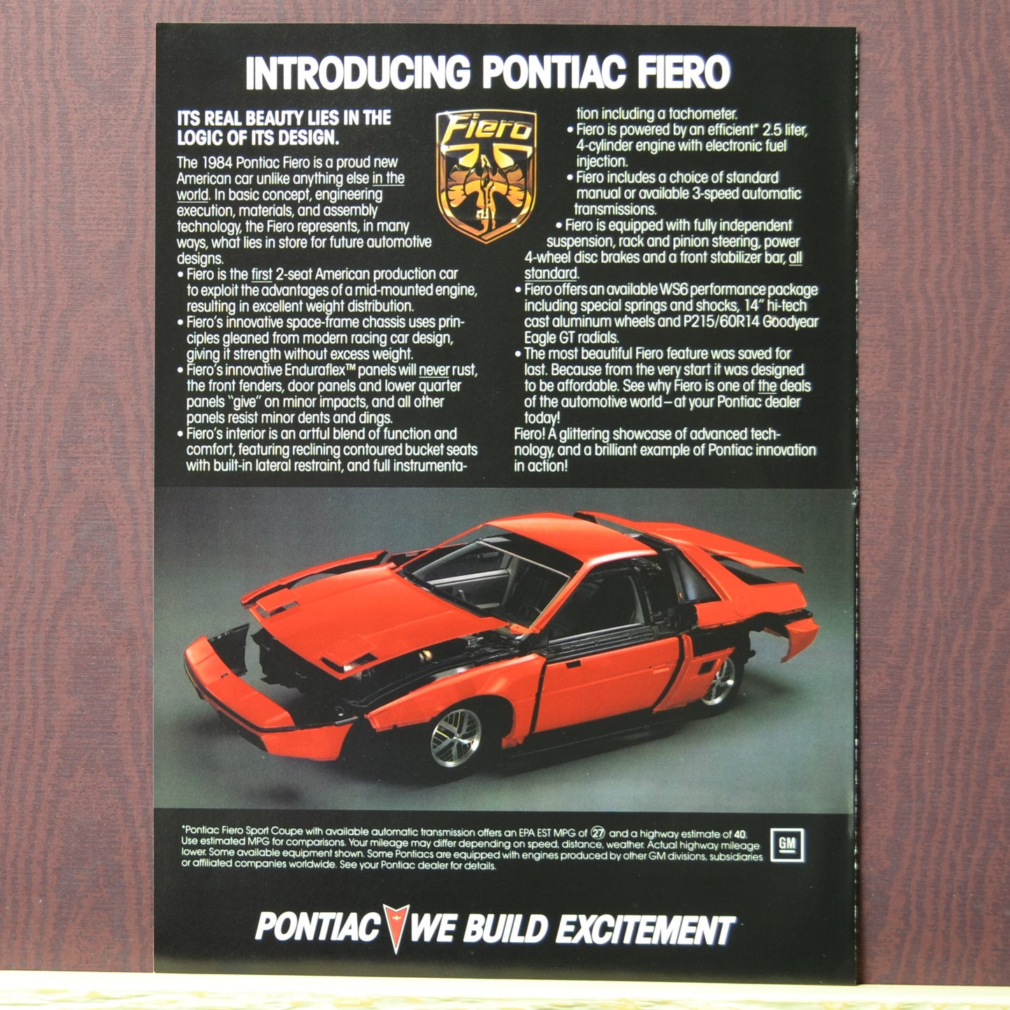 back panel with Fiero features and exploded-view graphic