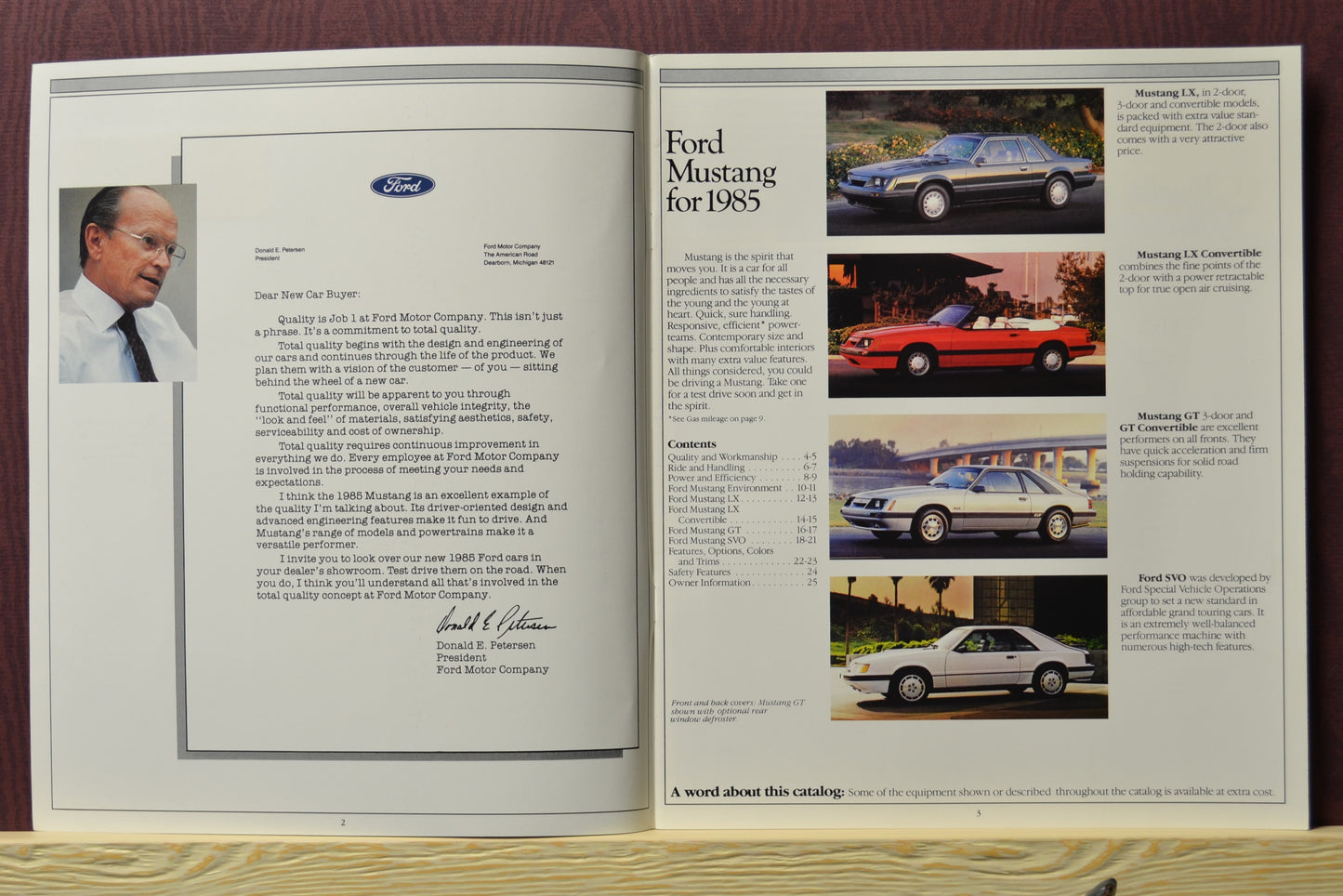 1985 dealer literature showing the ford mustang lineup including the SVO, GT And LX