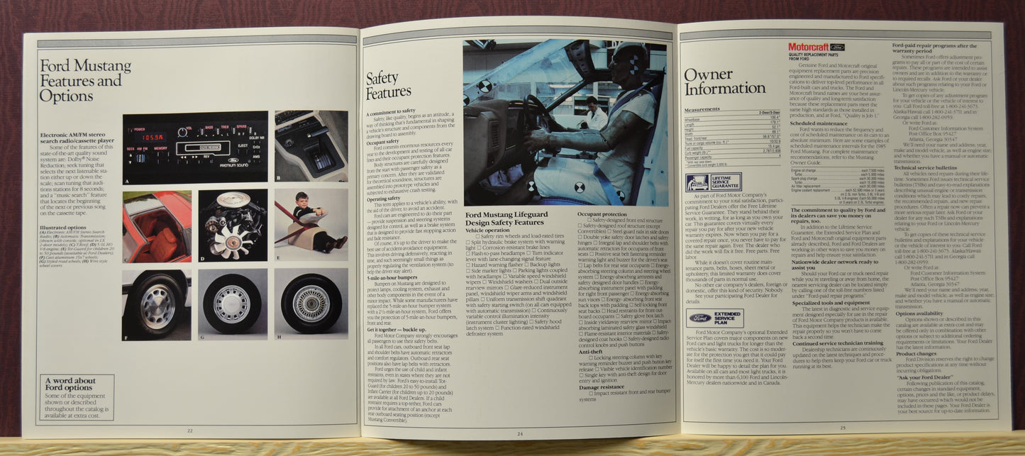 Ford Mustang brochure interior pages showcasing the 1985 Mustang features, options and safety information