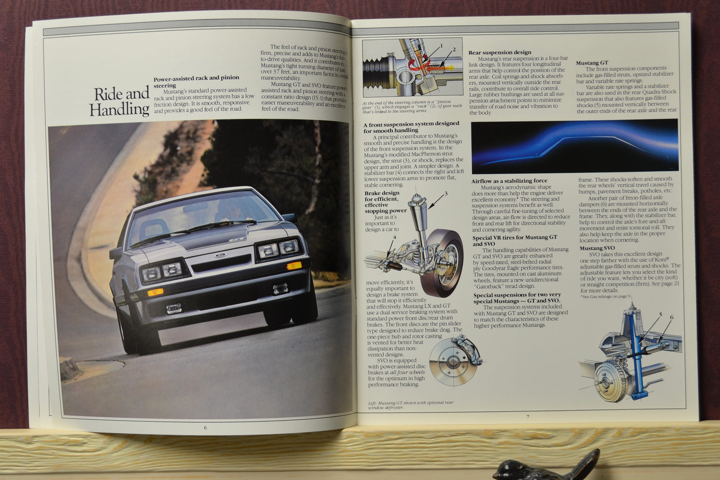 Ford Mustang dealer brochure showcasing the 1985 Mustang Ride and handling