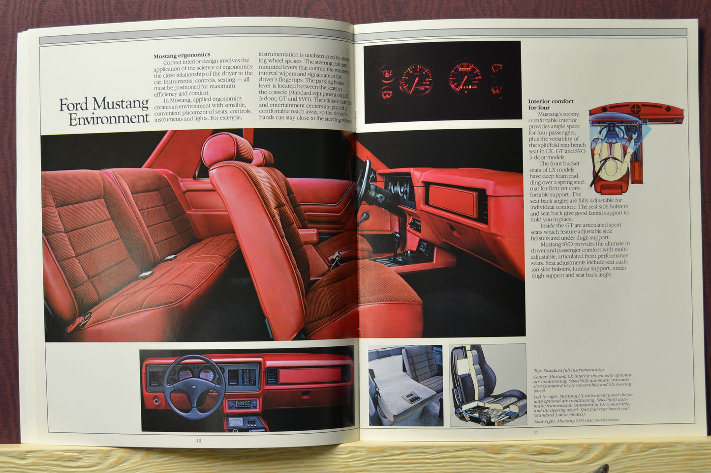 1985 mustang brochure showing interior environment and ergonomics