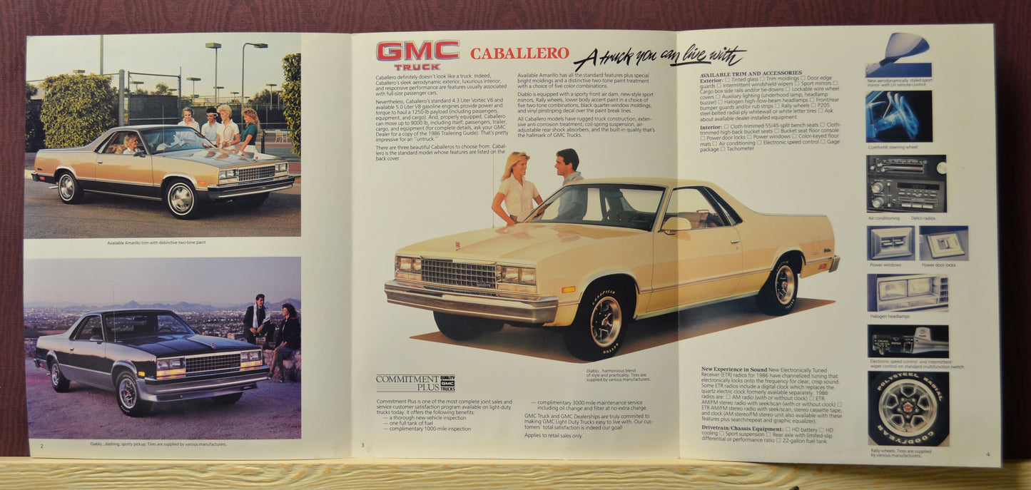 Interior pages of the 1986 GMC Caballero brochure highlighting luxurious interiors, Amarillo trim, and the stylish Diablo trim with performance details