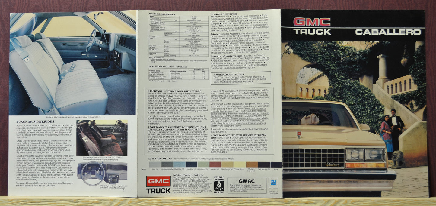 Detailed view of trim options and luxurious features from the 1986 GMC Caballero dealer brochure, showcasing available accessories and specifications back side