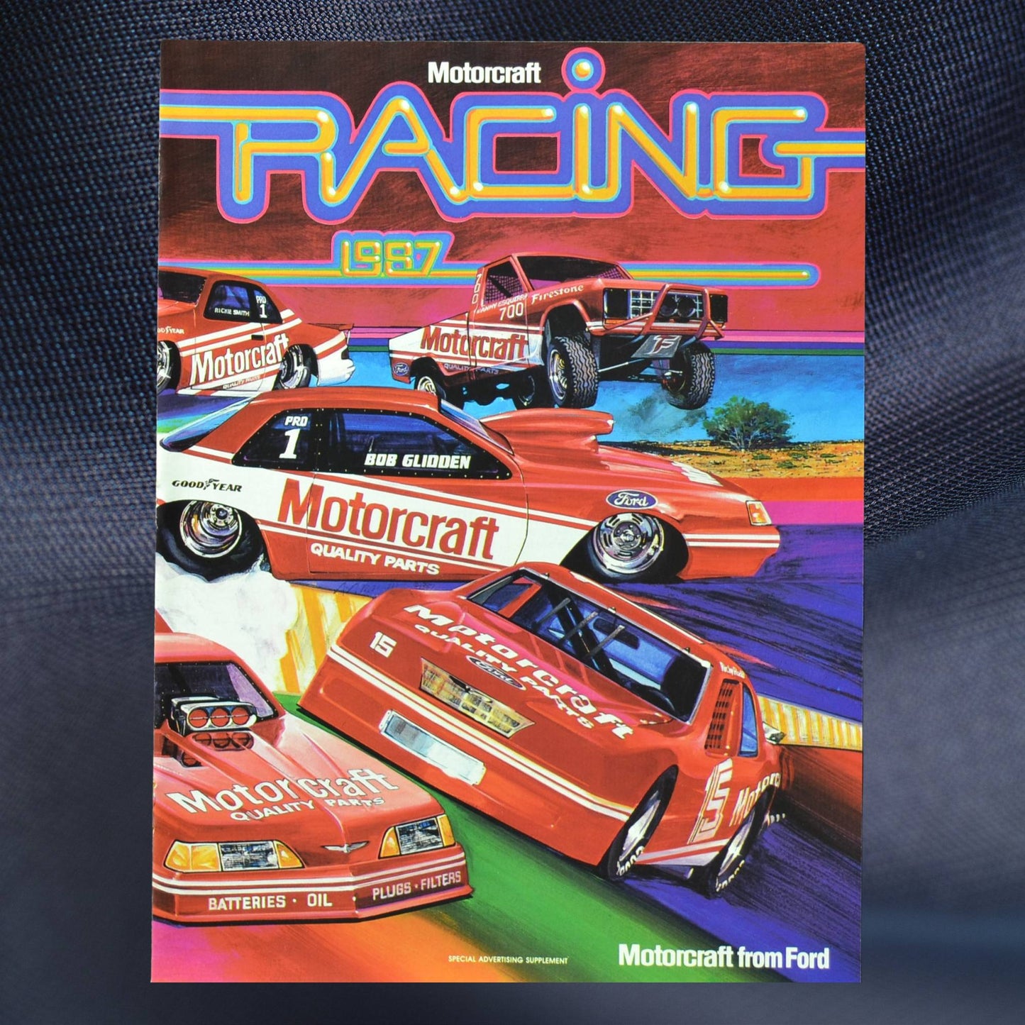 Cover of 1987 Ford Motorcraft Racing brochure with colorful artwork
