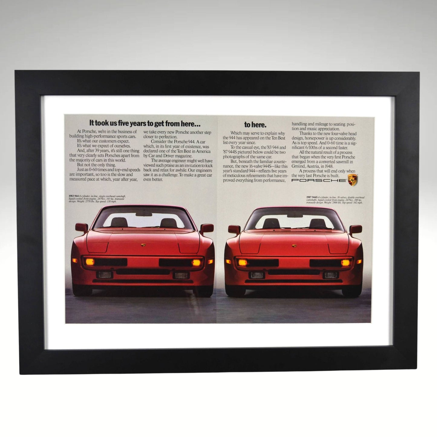 Framed Red 1987 Porsche 944S print ad – side-by-side 944 evolution artwork