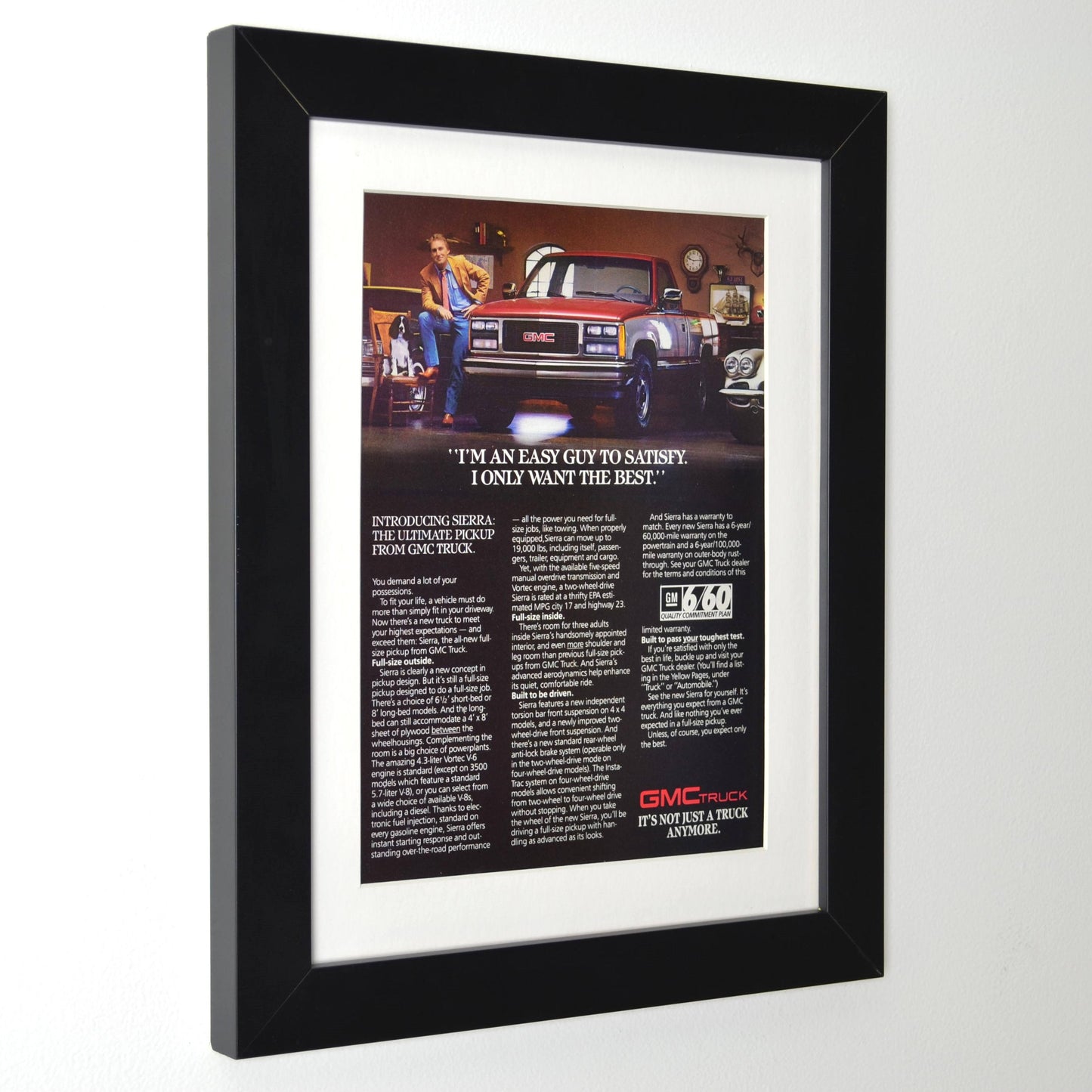 side view of framed 1987 GMC Sierra vintage print ad – classic pickup truck wall art, GMC collectibles