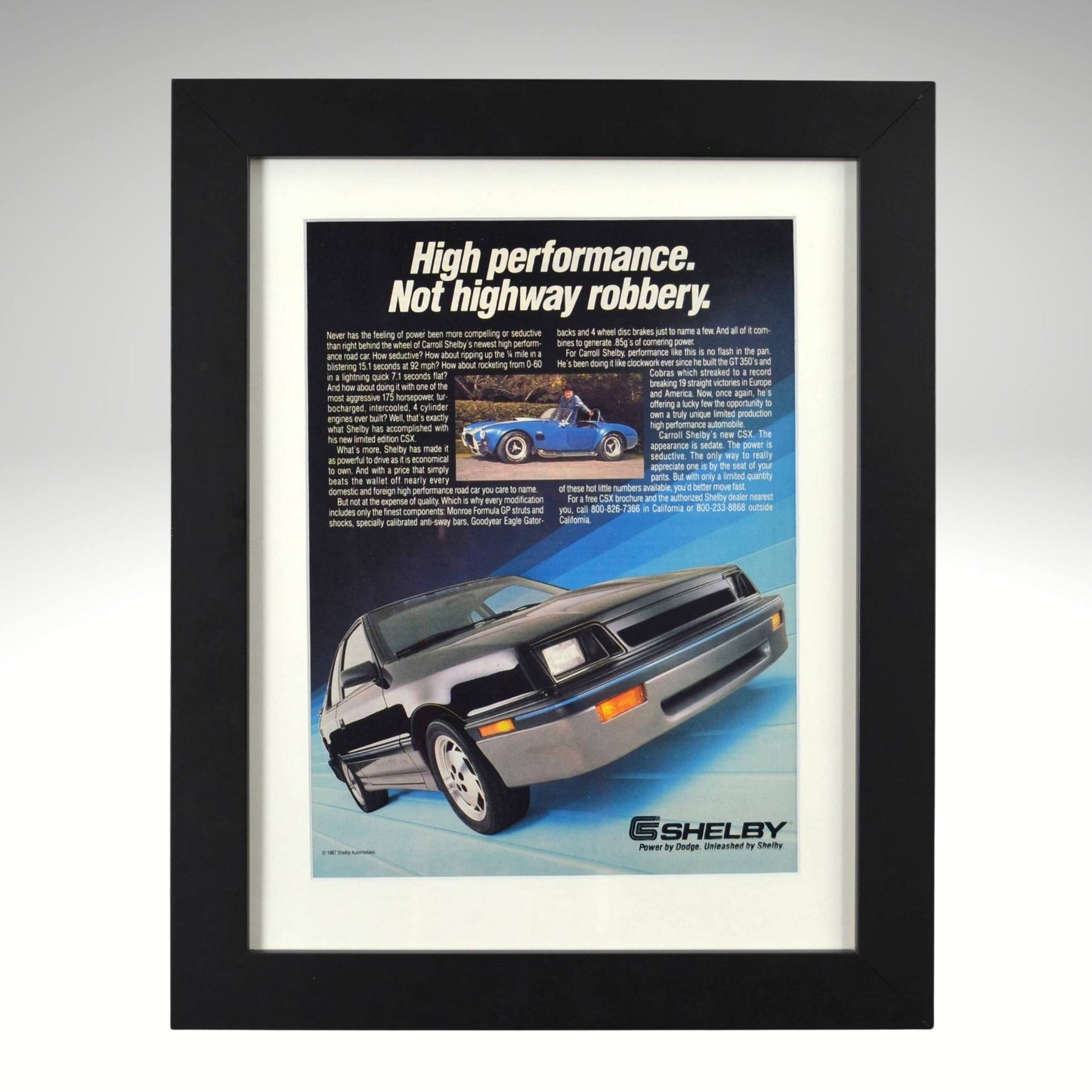 Framed 1987 Shelby CSX vintage print ad – classic turbo Mopar wall art, Shelby collectibles