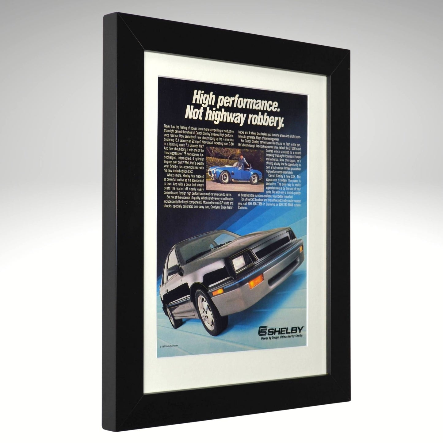 Framed advertisement for Shelby cars with a black border