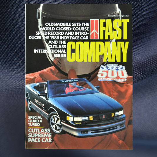 1988 Oldsmobile Cutlass Supreme Indy 500 Pace Car brochure cover – Fast Company with red racing suit