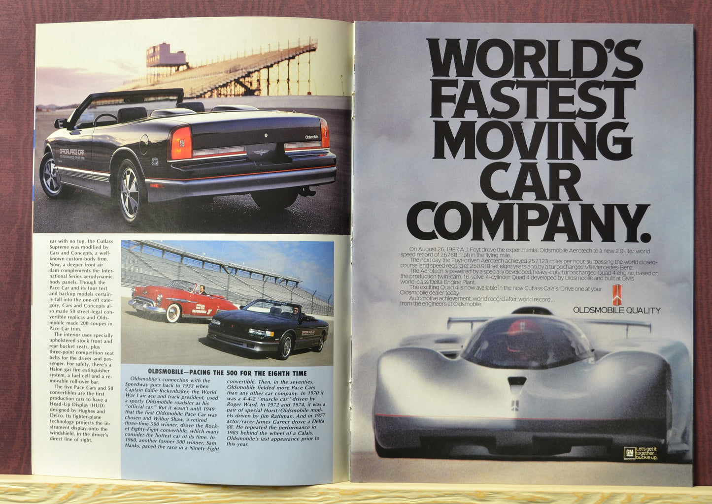 1988 Oldsmobile flyer – Cutlass Supreme Pace Car at Indy and Aerotech record car with bold World's Fastest headline