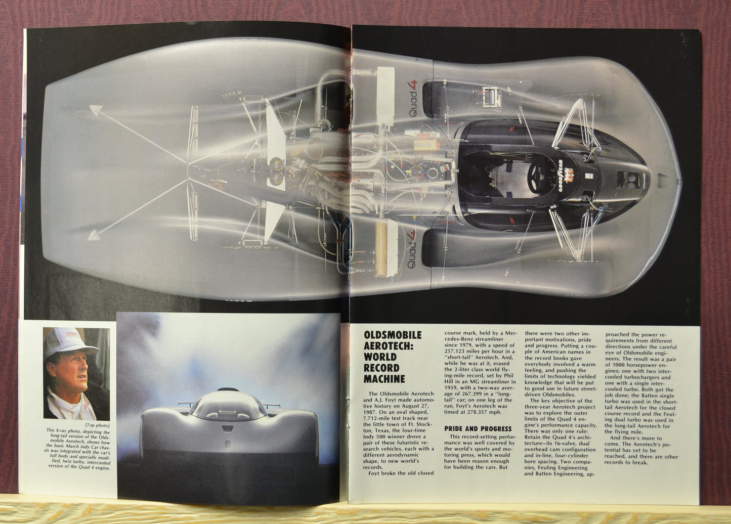 Oldsmobile Aerotech race car centerfold – transparent technical view showing Quad 4 engine layout