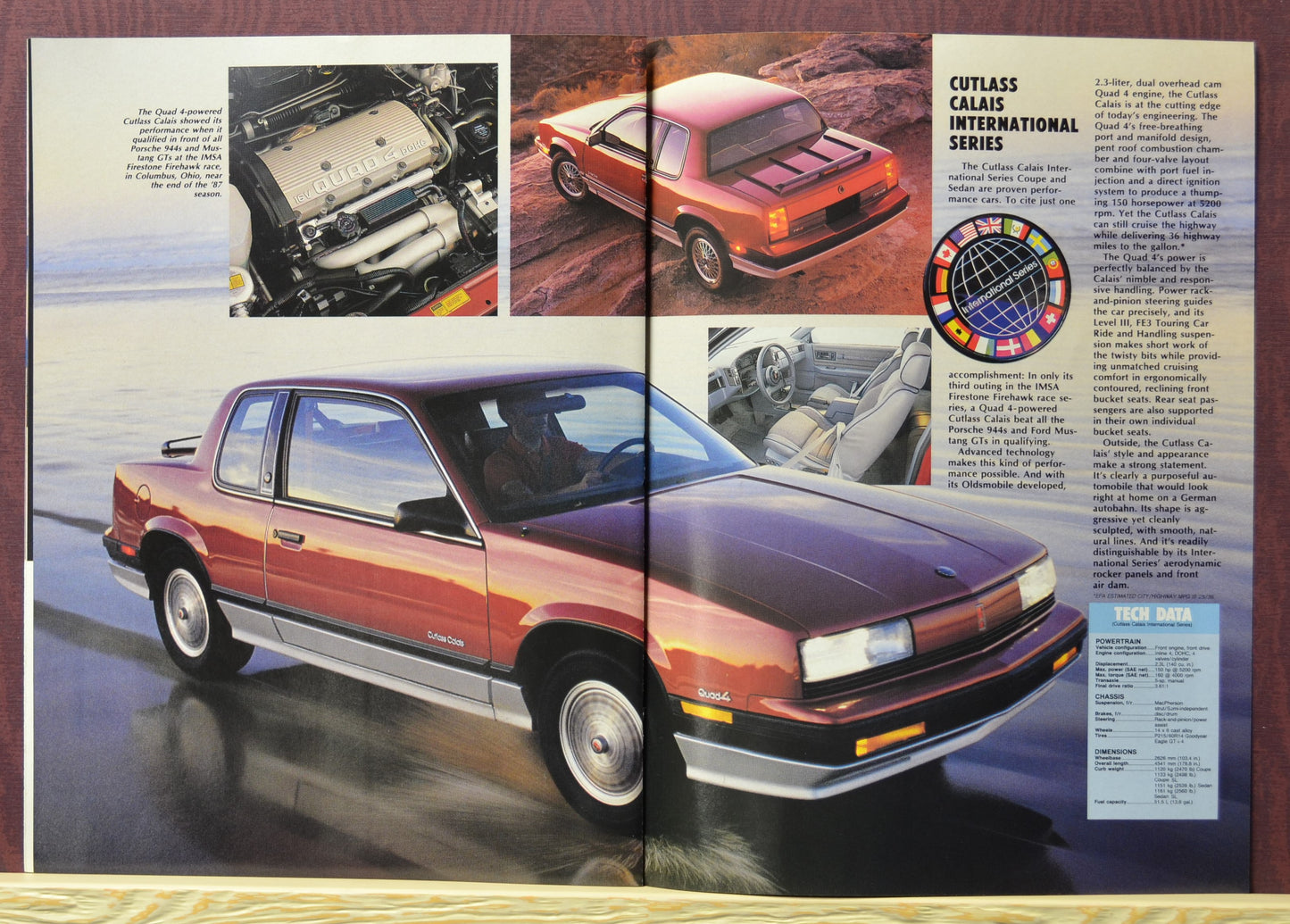 1988 Oldsmobile Cutlass Ciera International Series brochure spread – ocean background with interior and engine shots